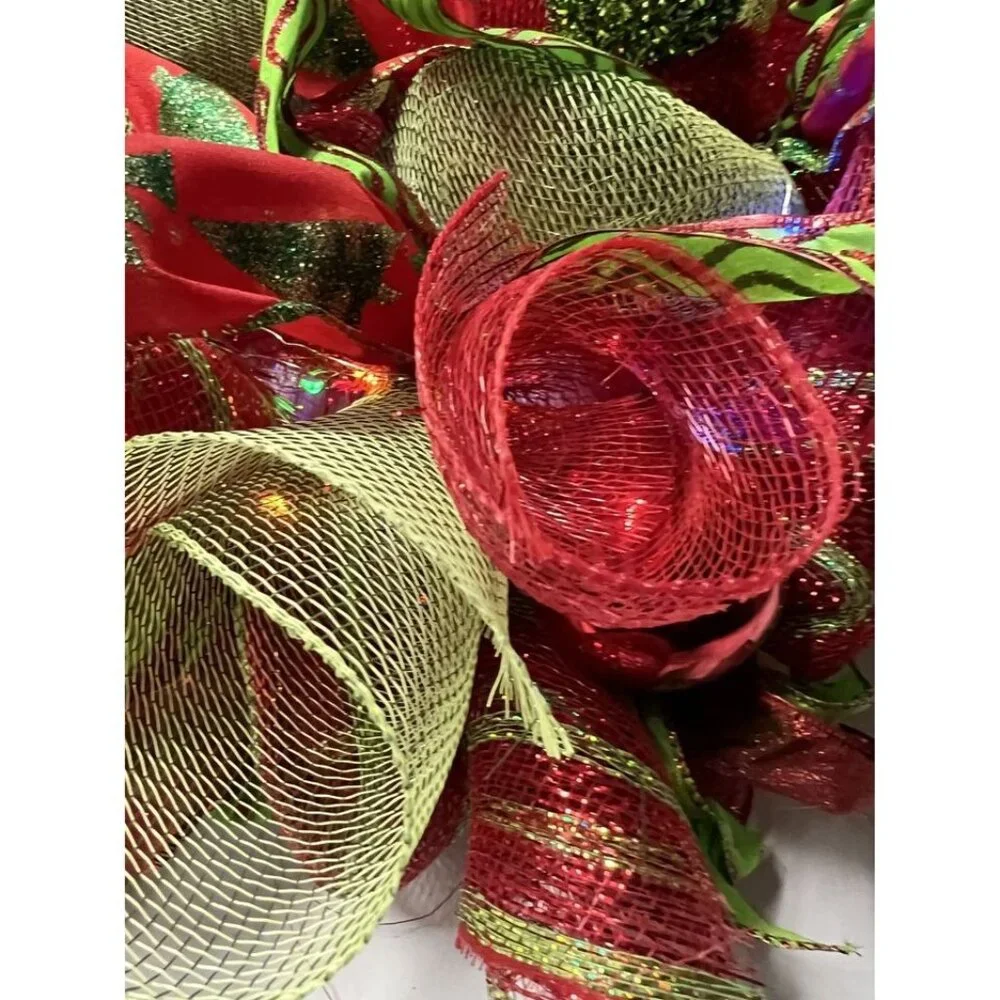 Set of‎ 2 Christmas Deco Mesh Wreaths Red Green Lighted Battery Operated Timer